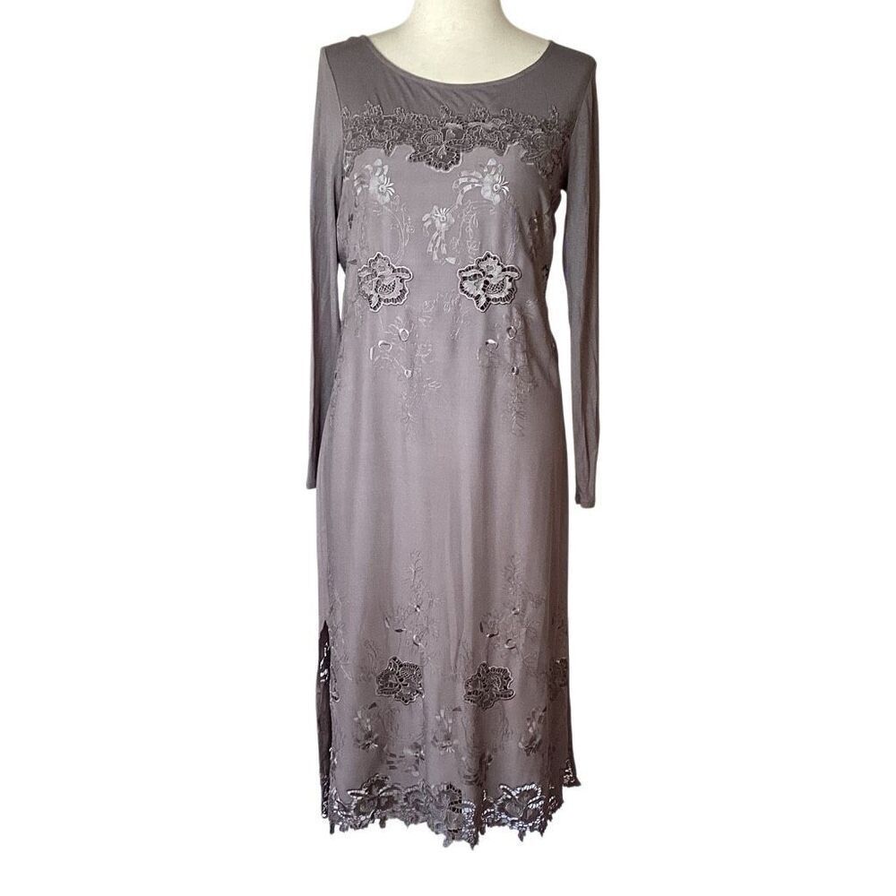 Sundance Embroidered Gray Midi Dress Lace Knit Women’s 6 Boho Long Sleeve